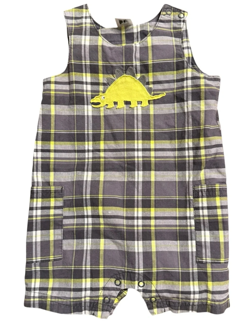 Vintage Carter’s Gray Plaid Dinosaur Appliqué Shortall Romper 12 Months Cotton